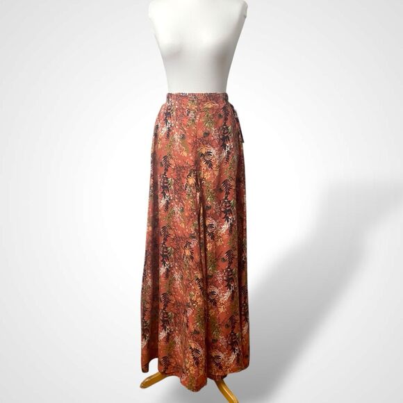 Rewash Super Flare Palazzo Pants Women Size M Orange Floral Elastic Waist Boho - Picture 2 of 8